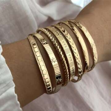 IFKM Gold Bangle Bracelets For Women, 14k Gold Plated Multi Layer Stackable Cuff Bracelet Set, Trend...