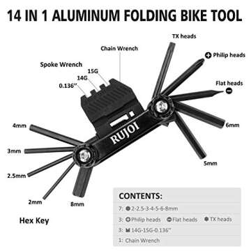 RUJOI 14-in-1 Bike Multi Tool with Chain Breaker Tool Kit,Bike Repair Tool Set with Allen,Torx Wrench,Phllips and Flat Screw.Bike Tool with Chain Quick Link for Mountain, Road Bicycle