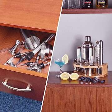 Esmula Bartender Kit with Stylish Bamboo Stand, 12 Piece 25oz Cocktail Shaker Set for Mixed Drink, Professional Stainless Steel Bar Tool Set, Gift for Man Dad- Cocktail Recipes Booklet (Silver)