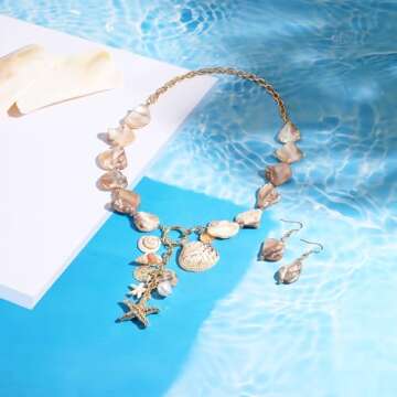 Coiris Natural Seashell Choker Necklaces Earrings Jewelry Set for Women Starfish Shell Freshwater Pe...