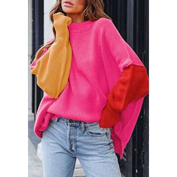 HAPCOPE Women's 2023 Fall Casual Crewneck Batwing Sleeve Oversized Pullover Sweater Side Slit Ribbed Knit Tunic Top Hot Pink S