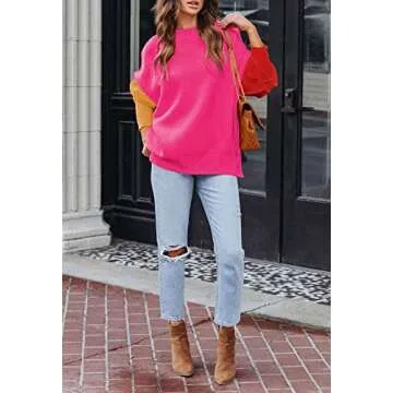 HAPCOPE Women's 2023 Fall Casual Crewneck Batwing Sleeve Oversized Pullover Sweater Side Slit Ribbed Knit Tunic Top Hot Pink S