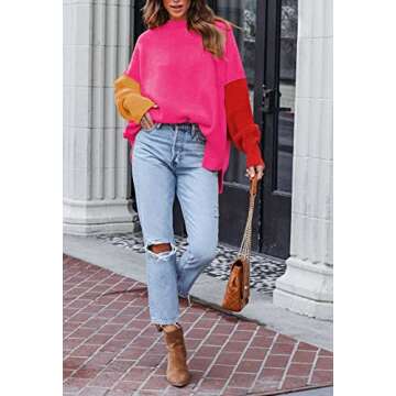 HAPCOPE Women's 2023 Fall Casual Crewneck Batwing Sleeve Oversized Pullover Sweater Side Slit Ribbed Knit Tunic Top Hot Pink S