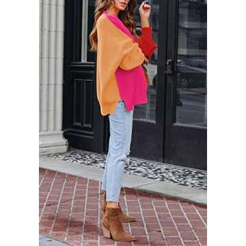 HAPCOPE Women's 2023 Fall Casual Crewneck Batwing Sleeve Oversized Pullover Sweater Side Slit Ribbed Knit Tunic Top Hot Pink S