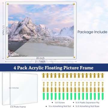 Chunful 4 Packs 16 x 20 Inch Floating Acrylic Frame Clear Frameless Picture Frame Wall Mount Double ...
