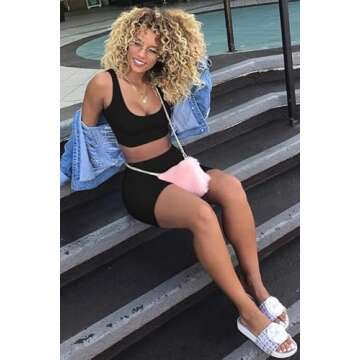 GOBLES Women's Sexy Bodycon Tank Crop Top Shorts Sets Club 2 Piece Outfits Black