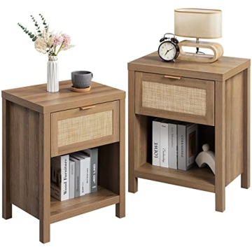 SICOTAS Rattan Nightstand Set of 2 - Farmhouse Night Stand with Drawer and Storage Shelf - Boho Beds...