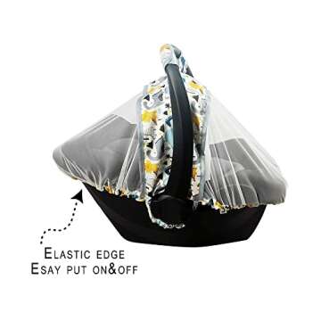 Mosquito Net for Baby CarSeat –Car seat net for Newborn Carrier –Breathable mesh net for Infant Car Seats, Stroller and Bassinets, Carrier, Elastic Edge, Kick Proof, Dinosaur, White, Patent Design
