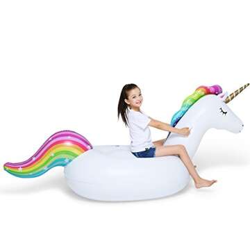Jasonwell Big Inflatable Unicorn Pool Float Floatie Ride On with Fast Valves Large Rideable Blow Up ...