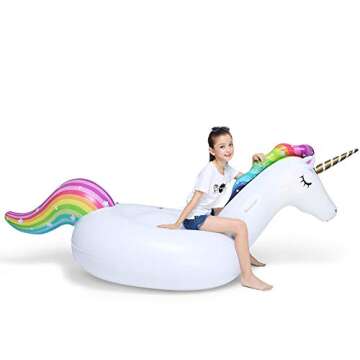 Jasonwell Big Inflatable Unicorn Pool Float Floatie Ride On with Fast Valves Large Rideable Blow Up Summer Beach Swimming Pool Party Lounge Raft Decorations Toys for Kids Adults