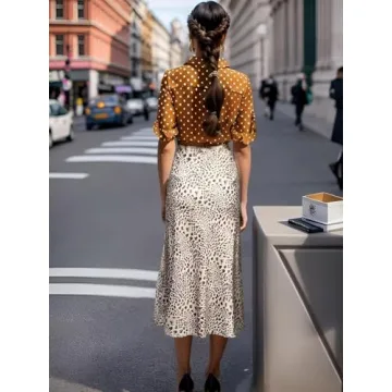 Soowalaoo Womens Leopard Print Skirt Midi Long Length Silk Satin High Waist Elastic Skirts