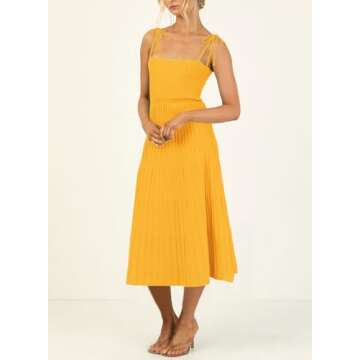 ARTFREE Womens Ribbed Knit Summer Maxi Dresses Tie Straps Square Neck Party Long Dress Yellow M