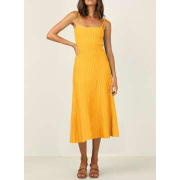 ARTFREE Womens Ribbed Knit Summer Maxi Dresses Tie Straps Square Neck Party Long Dress Yellow M