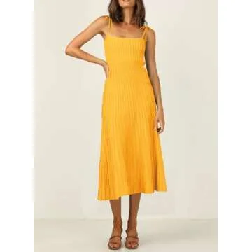 ARTFREE Womens Ribbed Knit Summer Maxi Dresses Tie Straps Square Neck Party Long Dress Yellow M