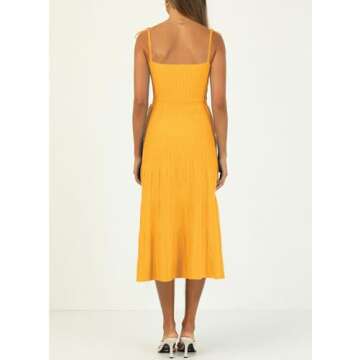 ARTFREE Womens Ribbed Knit Summer Maxi Dresses Tie Straps Square Neck Party Long Dress Yellow M