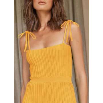 ARTFREE Womens Ribbed Knit Summer Maxi Dresses Tie Straps Square Neck Party Long Dress Yellow M