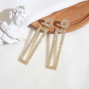 Ceomate 14K Gold Plated Rhinestone Long Drop Earrings, Geometric Rectangle Hypoallergenic Jewelry Gift for Women Girls Z19002G