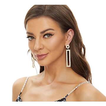 Ceomate 14K Gold Plated Rhinestone Long Drop Earrings, Geometric Rectangle Hypoallergenic Jewelry Gift for Women Girls Z19002G