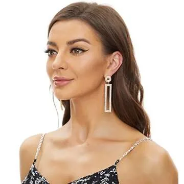 Ceomate 14K Gold Plated Rhinestone Long Drop Earrings, Geometric Rectangle Hypoallergenic Jewelry Gift for Women Girls Z19002G