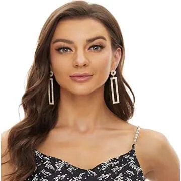 Ceomate 14K Gold Plated Rhinestone Long Drop Earrings, Geometric Rectangle Hypoallergenic Jewelry Gift for Women Girls Z19002G