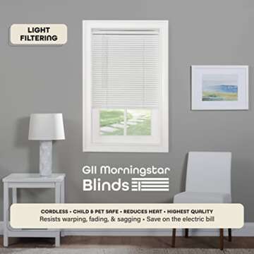 Cordless Light Filtering Mini Blind - 35 Inch Width, 48 Inch Length, 1" Slat Size - Pearl White - Co...