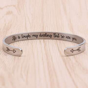 Btysun Inspirational Bracelets for Women Birthday Gifts for Her Motivational Cuff Bangle Silver Couple Bracelet Friend Friendship Mantra Quotes Jewelry(Life is Tough,My Darling ...)