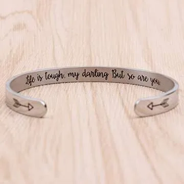 Btysun Inspirational Bracelets for Women Birthday Gifts for Her Motivational Cuff Bangle Silver Couple Bracelet Friend Friendship Mantra Quotes Jewelry(Life is Tough,My Darling ...)