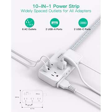 Power Strip Extension Cord - 6 Outlets and 4 USB (2 USB C), 5Ft Braided Cord with Ultra Thin Flat Pl...
