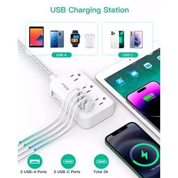 Power Strip Extension Cord - 6 Outlets and 4 USB (2 USB C), 5Ft Braided Cord with Ultra Thin Flat Plug, Wall Mount, Overload Protection, Compact for Travel, Cruise Ship, and Dorm Room Essentials