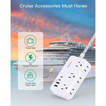 Power Strip Extension Cord - 6 Outlets and 4 USB (2 USB C), 5Ft Braided Cord with Ultra Thin Flat Plug, Wall Mount, Overload Protection, Compact for Travel, Cruise Ship, and Dorm Room Essentials