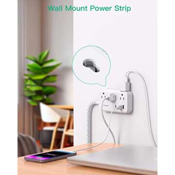 Power Strip Extension Cord - 6 Outlets and 4 USB (2 USB C), 5Ft Braided Cord with Ultra Thin Flat Plug, Wall Mount, Overload Protection, Compact for Travel, Cruise Ship, and Dorm Room Essentials
