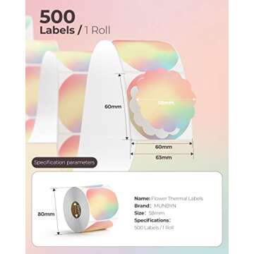 MUNBYN Flower Thermal Labels, 2.25" Rainbow Color Circle Thermal Stickers for DIY Business Logo, Small Business, 500 Sheets/1 Roll