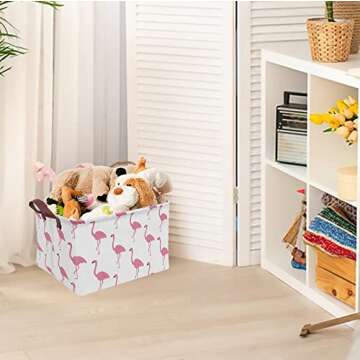 CLOCOR Rectangular Flamingo Storage Basket,Collapsible Cute Pattern Storage Bin,Waterproof Coating Storage Box with Handles,Gift Baskets,Toy Organizer,Shelf Basket (Flamingo)