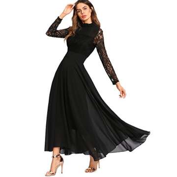 Milumia Women's Vintage Floral Lace Long Sleeve Ruched Neck Flowy Long Dress Black Medium