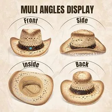 Men's & Women's Western Style Cowboy / Cowgirl Straw Hat with Bull Big Bead Band - Beige