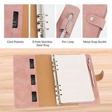 FYY Leather A5 Binder 6 Ring Binder Notebook - Refillable Notebook A5 Planner Binder with Binder Pockets, A5 Dividers, A5 Refill Paper, PU Leather Travel Binder Journal Cover Binder Pink Notebook