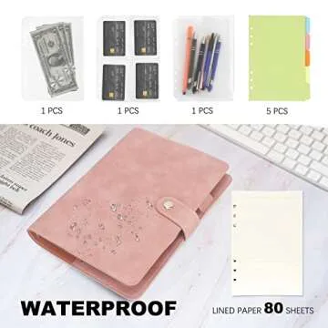 FYY Leather A5 Binder 6 Ring Binder Notebook - Refillable Notebook A5 Planner Binder with Binder Pockets, A5 Dividers, A5 Refill Paper, PU Leather Travel Binder Journal Cover Binder Pink Notebook