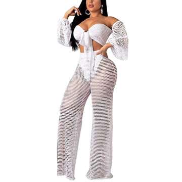 Elegant Two Piece Sets for Women Vacation Sexy White Off The Shoulder Tube Top Long Straight Pants B...
