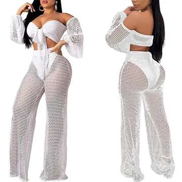 Elegant Two Piece Sets for Women Vacation Sexy White Off The Shoulder Tube Top Long Straight Pants Bikini Cover Ups Swimwear Beach with Bandage(Large)