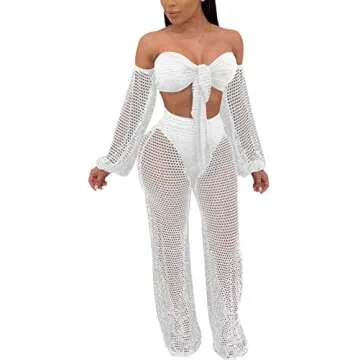 Elegant Two Piece Sets for Women Vacation Sexy White Off The Shoulder Tube Top Long Straight Pants Bikini Cover Ups Swimwear Beach with Bandage(Large)
