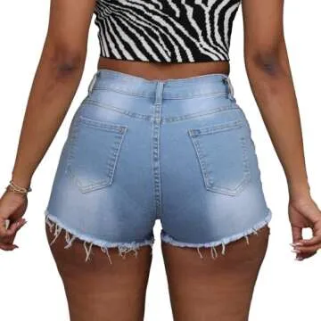 Yyibsones Women's Casual Ripped Stretchy Denim Shorts Frayed Raw Hem Shorts Jeans (Light Blue, XXL, xx_l)