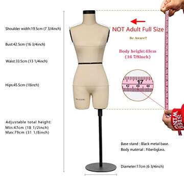 DE-LIANG Half Scale Dress Form with Soft Arms (Not Adult Full Size) Tailor Female Mannequin for Sewing Clothes Girls, Mini dressmaker's Dummy, 1/2 Trouser Pattern Making Model,43cm Height,Fiberglass