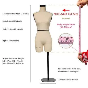 DE-LIANG Half Scale Dress Form with Soft Arms (Not Adult Full Size) Tailor Female Mannequin for Sewing Clothes Girls, Mini dressmaker's Dummy, 1/2 Trouser Pattern Making Model,43cm Height,Fiberglass