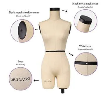 DE-LIANG Half Scale Dress Form with Soft Arms (Not Adult Full Size) Tailor Female Mannequin for Sewing Clothes Girls, Mini dressmaker's Dummy, 1/2 Trouser Pattern Making Model,43cm Height,Fiberglass