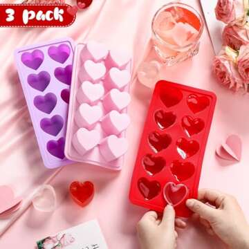 Hushee 3 Pack Heart Shaped Ice Cube Tray Heart Ice Cube Molds Valentine's Day Silicone Molds for Chocolate, Candy, Fudge, Cake Pop(Red,Pink,Purple)
