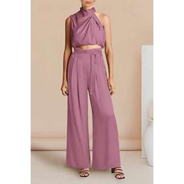 PRETTYGARDEN Women's 2 Piece Outfits 2025 Summer Casual Sleeveless Mock Neck Crop Tops Wide Leg Pant...
