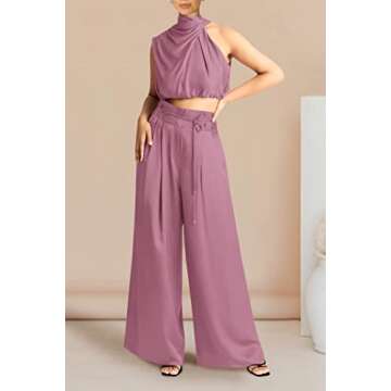 PRETTYGARDEN Women's 2 Piece Outfits 2025 Summer Casual Sleeveless Mock Neck Crop Tops Wide Leg Pants Set (Pink,Small)