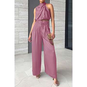 PRETTYGARDEN Women's 2 Piece Outfits 2025 Summer Casual Sleeveless Mock Neck Crop Tops Wide Leg Pants Set (Pink,Small)