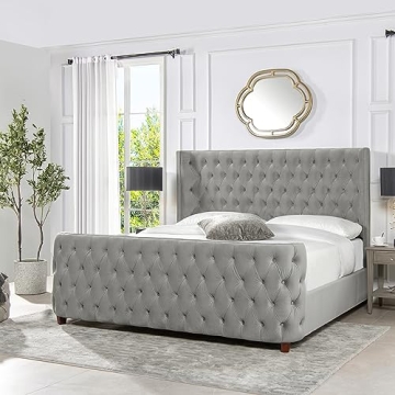 Jennifer Taylor Home Brooklyn King Tufted Panel Bed Headboard and Footboard Set, Opal Grey Velvet