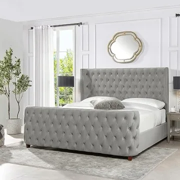 Jennifer Taylor Home Brooklyn King Tufted Panel Bed Headboard and Footboard Set, Opal Grey Velvet